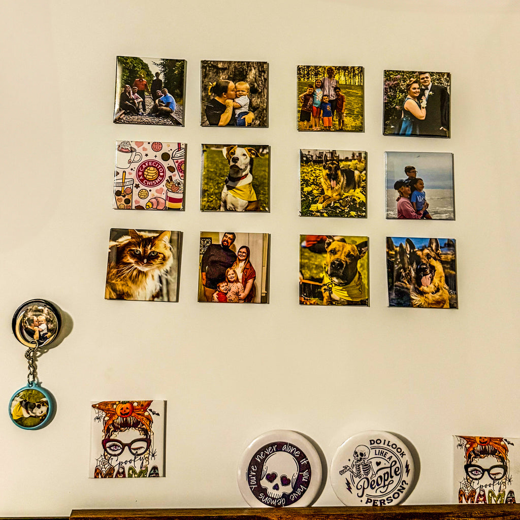 Collection of framed photos and decorative items on a wall